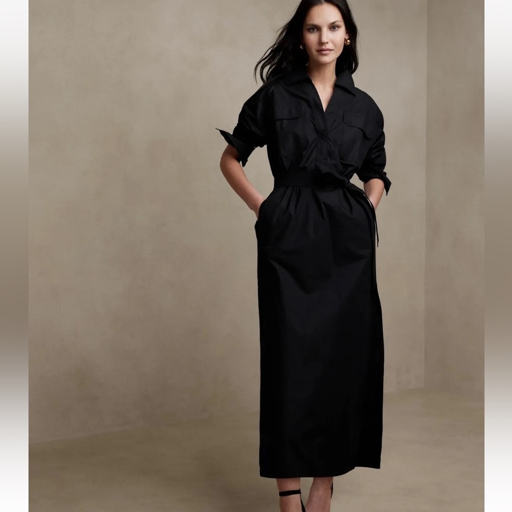 BANANA REPUBLIC Black Ani Popover shirt dress Maxi with tie